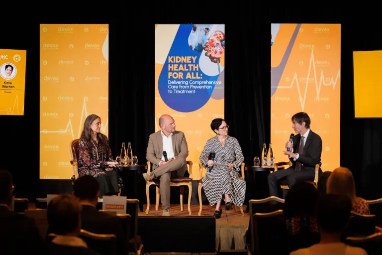 Credit: Marc Bader and Devex, Devex Impact House event during World Health Assembly. Pictured: Dr. Viviana Martinez-Bianchi, WONCA; Magnus Lindholm, Vantive; Kate Warren (Moderator); Dr. Marcello Tonelli, President of ISN